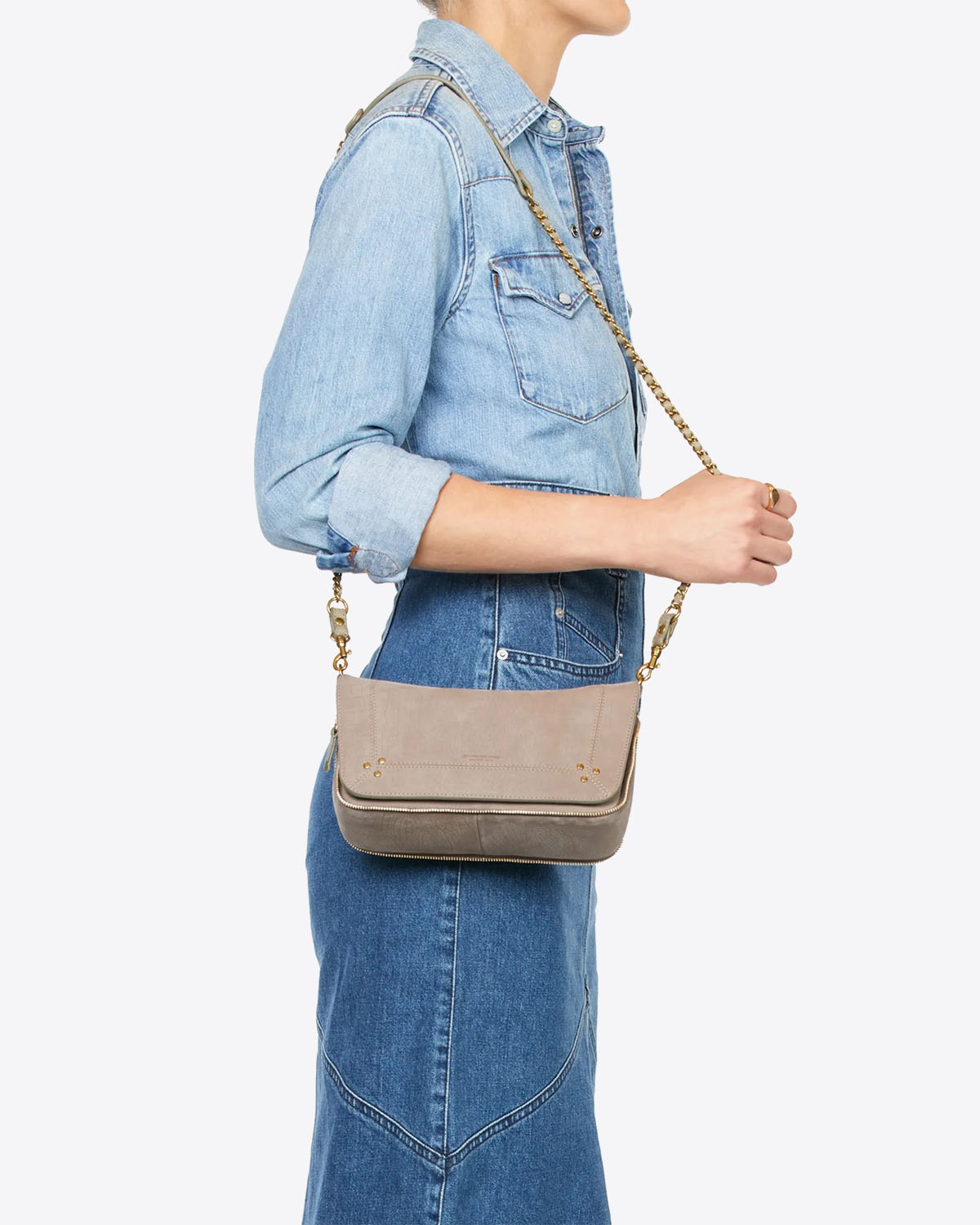 Jérôme Dreyfuss Sac Bobi S Taurillon Croco Stone. Porté épaule.