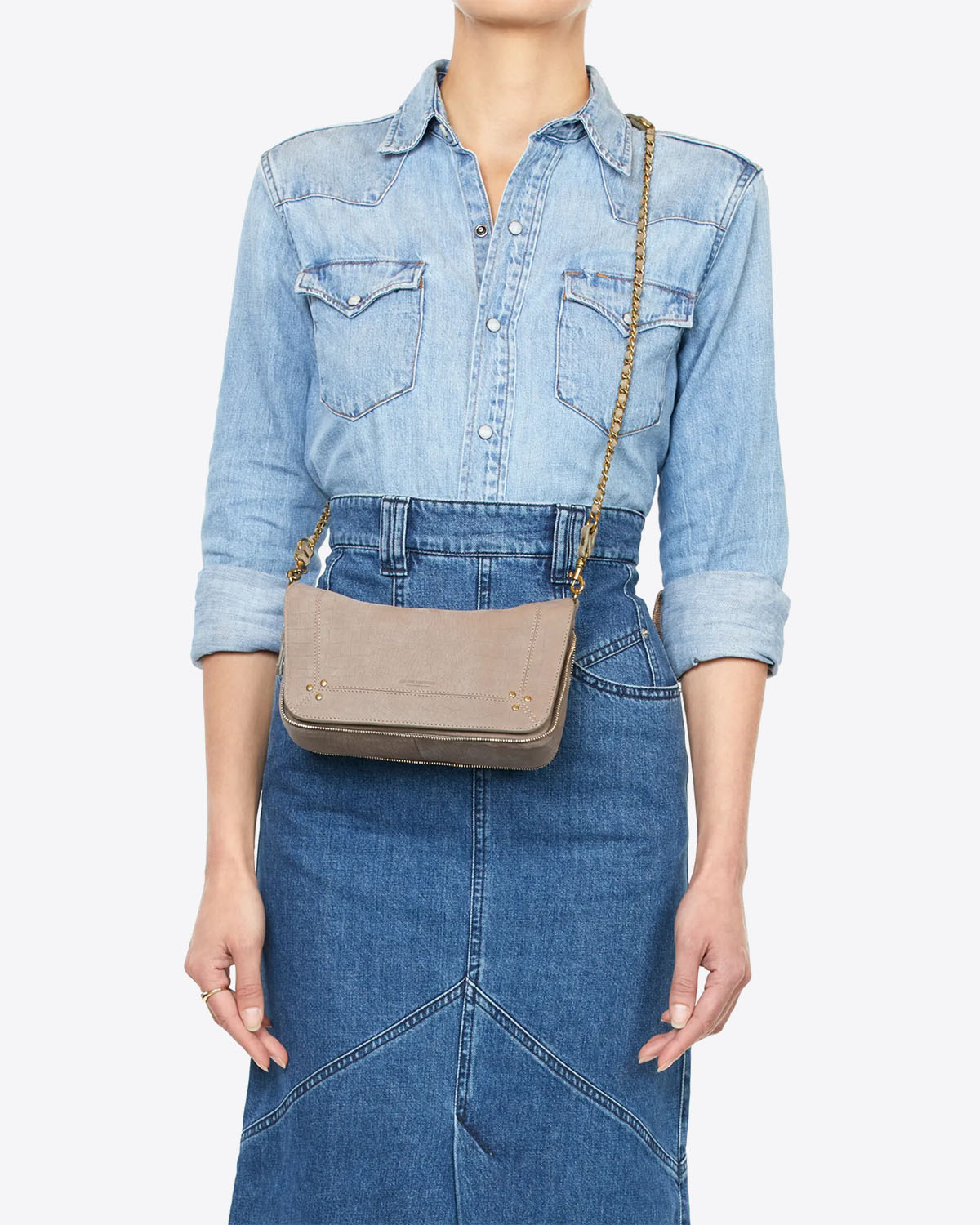 Jérôme Dreyfuss Sac Bobi S Taurillon Croco Stone. Porté crossover.