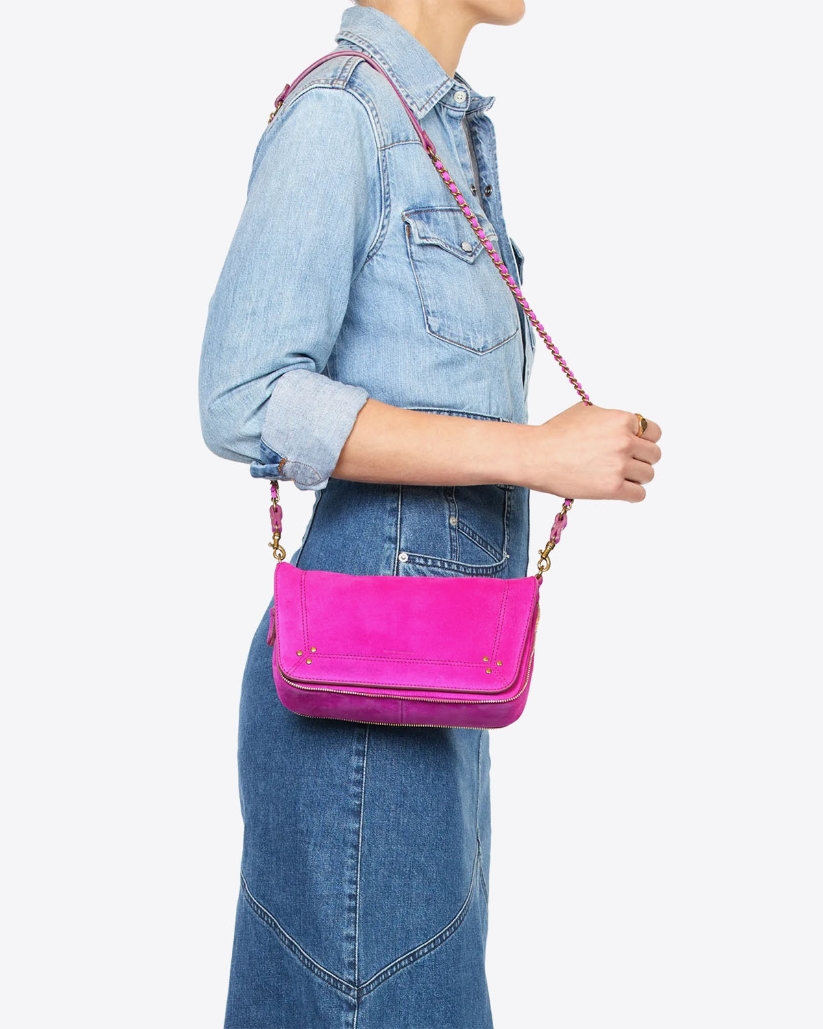 Jérôme Dreyfuss Sac Bobi S Crôute Velours Fuxia. Porté épaule.