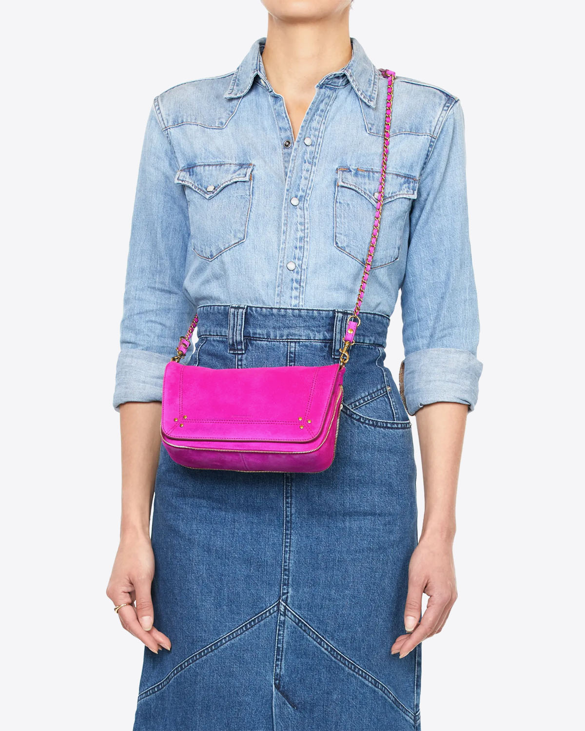 Jérôme Dreyfuss Sac Bobi S Crôute Velours Fuxia. Porté Crossover.