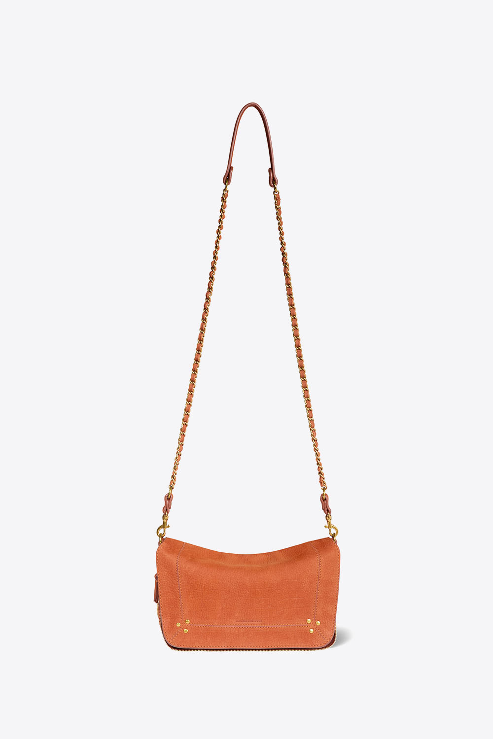 Mini-sac Bobi S Jérôme Dreyfuss en cuir suédé Opium. Bandoulière longue chaine tressée de cuir. Face.
