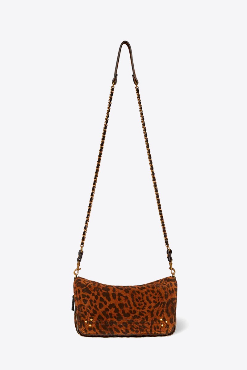 Sac Bobi S Jérôme Dreyfuss en cuir suédé imprimé à motif de chat sauvage. Vue de face avec la bandoulière longue.
