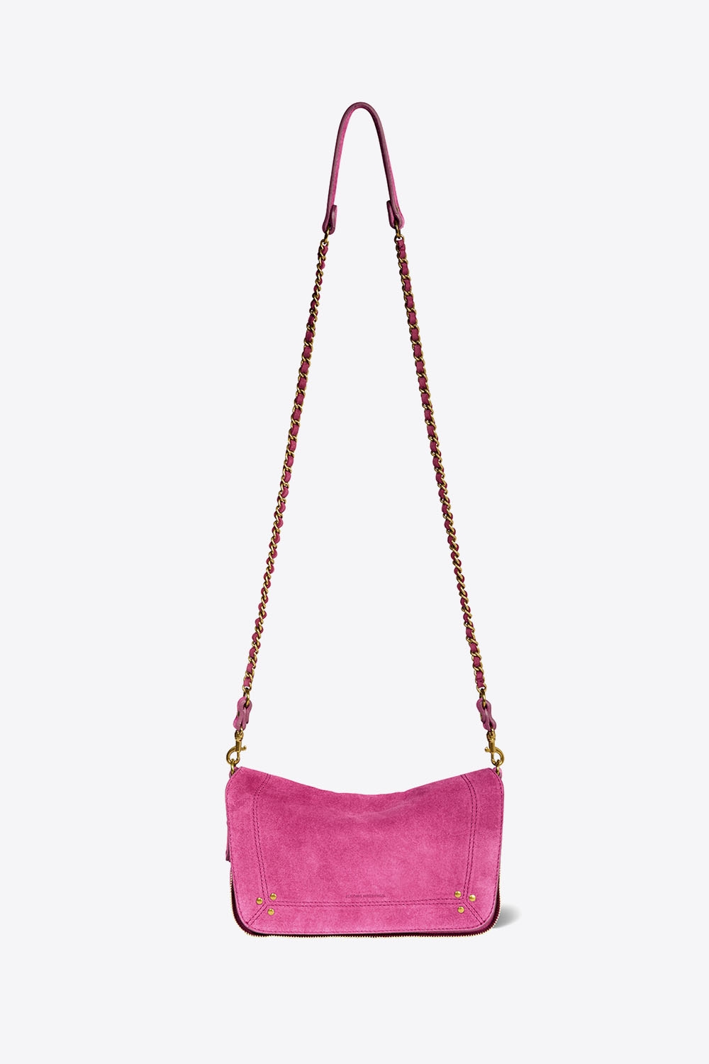 Produit Mini-sac Bobi S en cuir suédé rose Orchidée Jérôme Dreyfuss. Détail de la bandoulière chaine dorée et cuir.