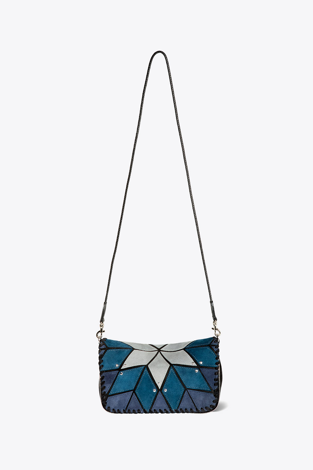 Mini-sac Bobi S Jérôme Dreyfuss en patchwork de cuir suédé bleu Lever du Jour. Bandoulière longue en cuir tressé. 