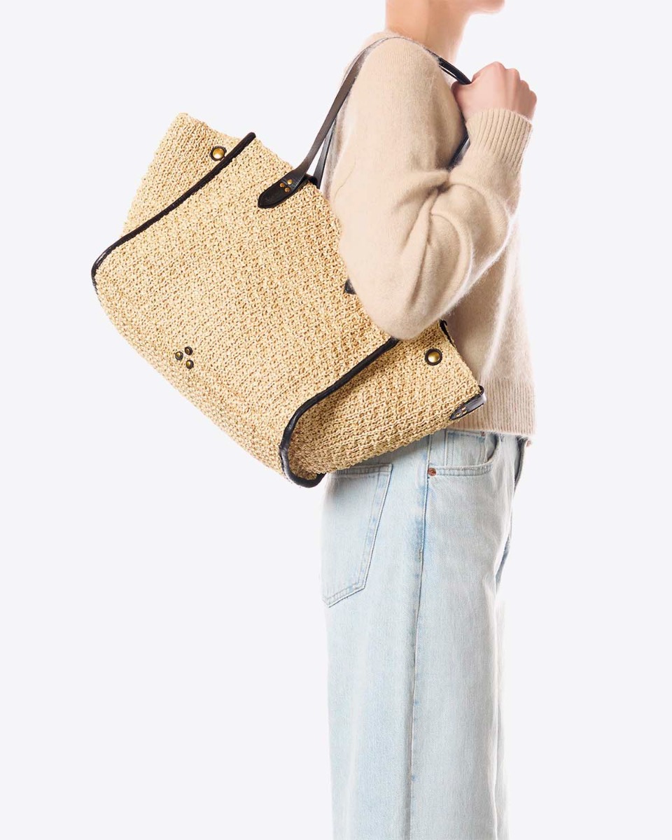 Sac Leon M J&eacute;r&ocirc;me Dreyfuss en raphia naturel, port&eacute; &agrave; l'&eacute;paule.
