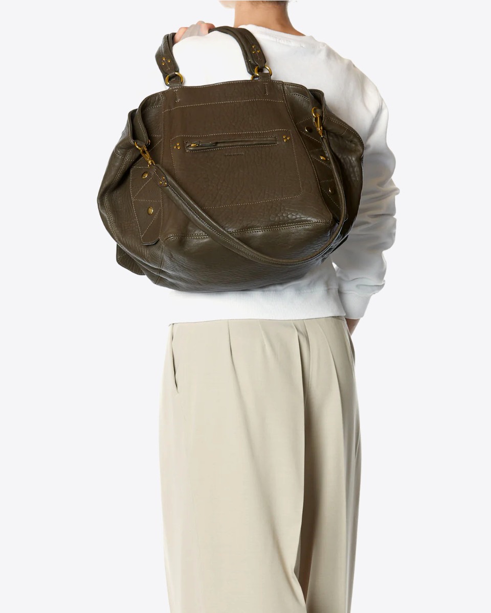 Sac cabas Roger Jérôme Dreyfuss en cuir bubble kaki porté main.