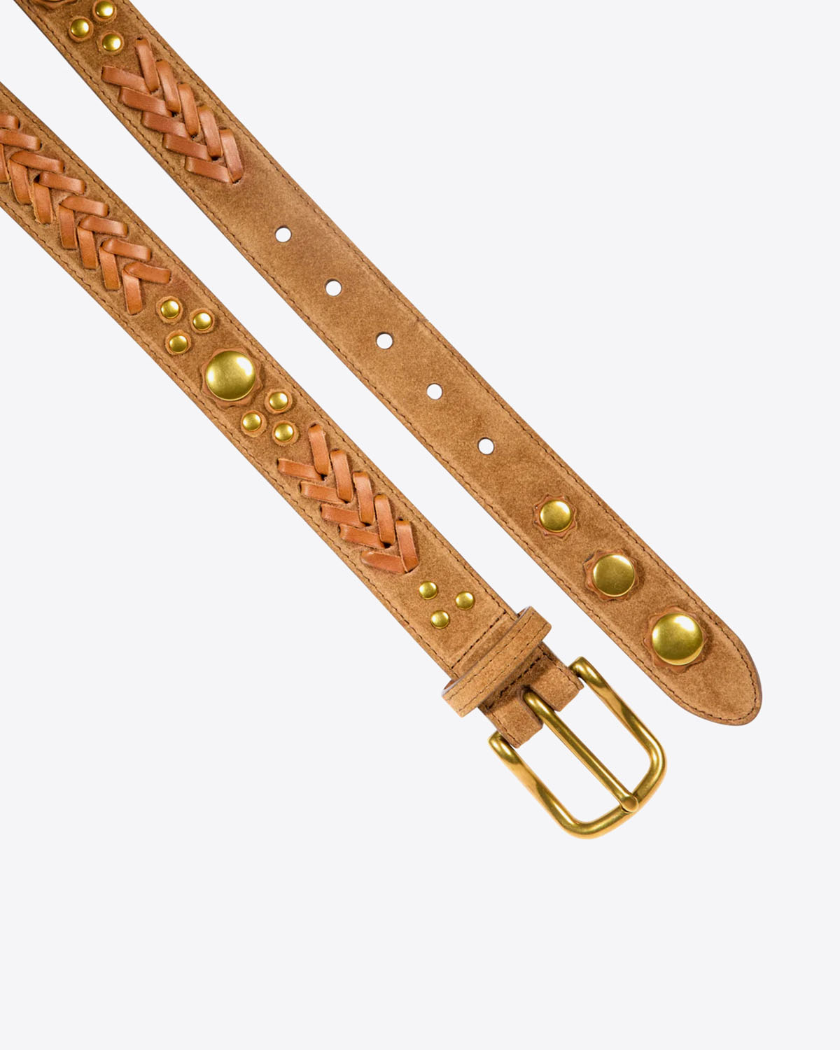 Produit Ceinture Jérôme Dreyfuss Gaucho en cuir suédé tabac. Détails clous en métal doré. 
