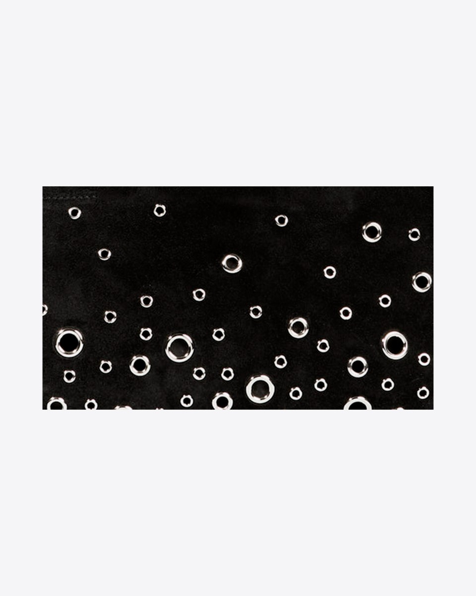 Cuir de velours su&eacute;d&eacute; noir avec oeillets en m&eacute;tal argent&eacute; J&eacute;r&ocirc;me Dreyfuss. 