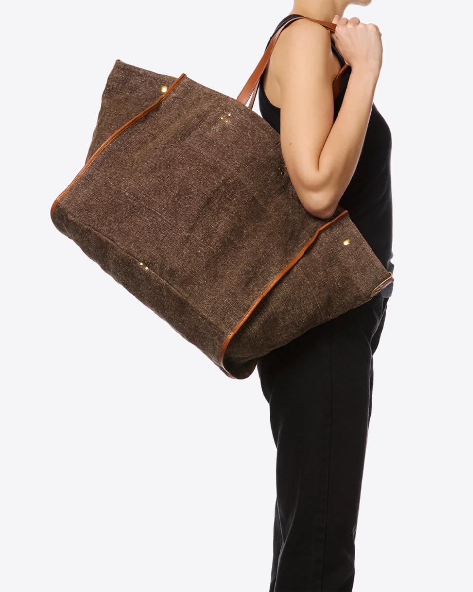 Sac cabas L&eacute;on L J&eacute;r&ocirc;me Dreyfuss en lin chocolat finitions cuir, port&eacute; &eacute;paule.