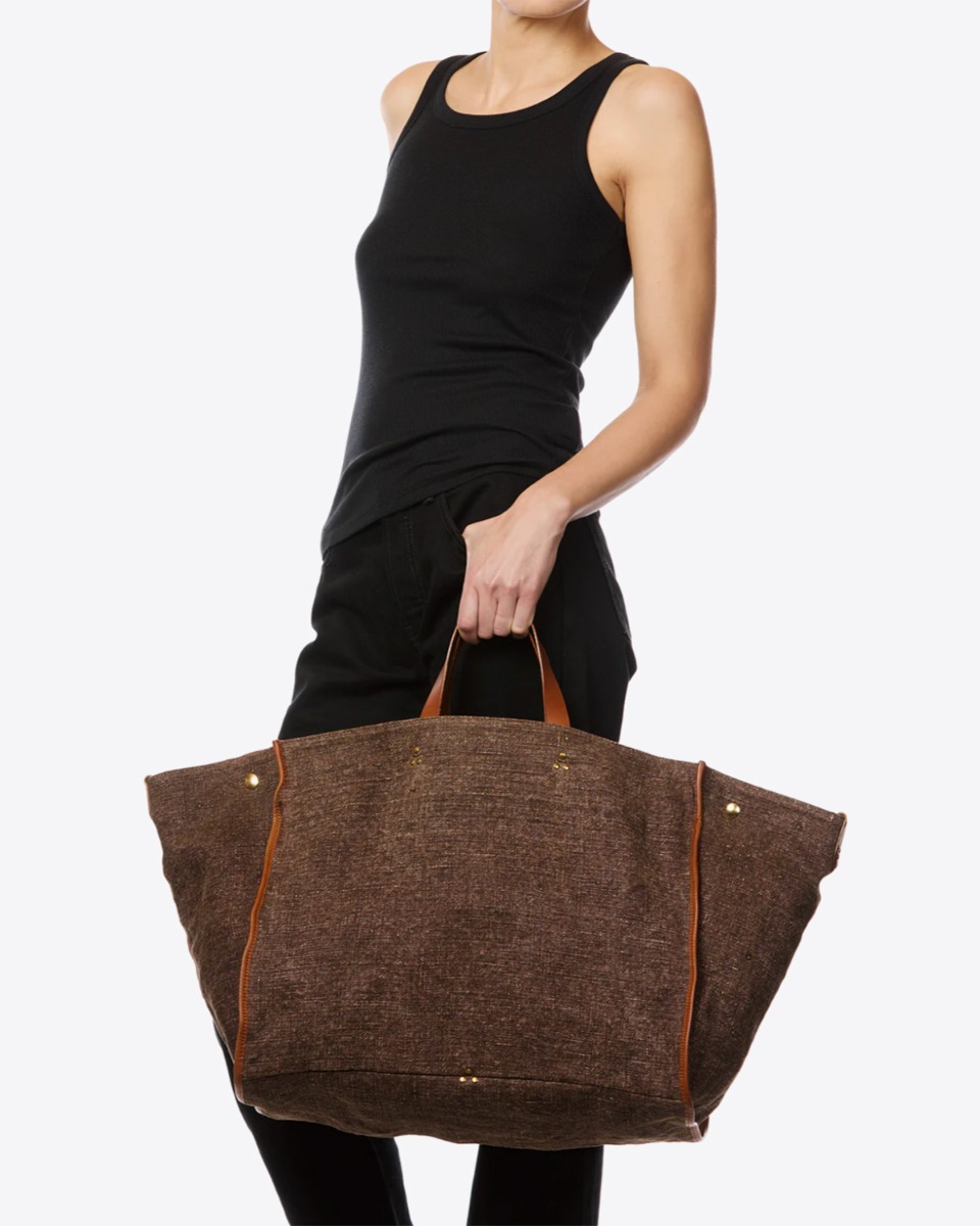 Sac cabas L&eacute;on L J&eacute;r&ocirc;me Dreyfuss en lin chocolat finitions cuir, port&eacute; main.