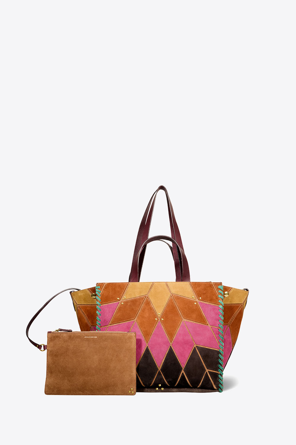 Cabas Léon M Jérôme Dreyfuss en patchwork de cuir suédé orange, jaune et rose. Porté main ou épaule. Face.