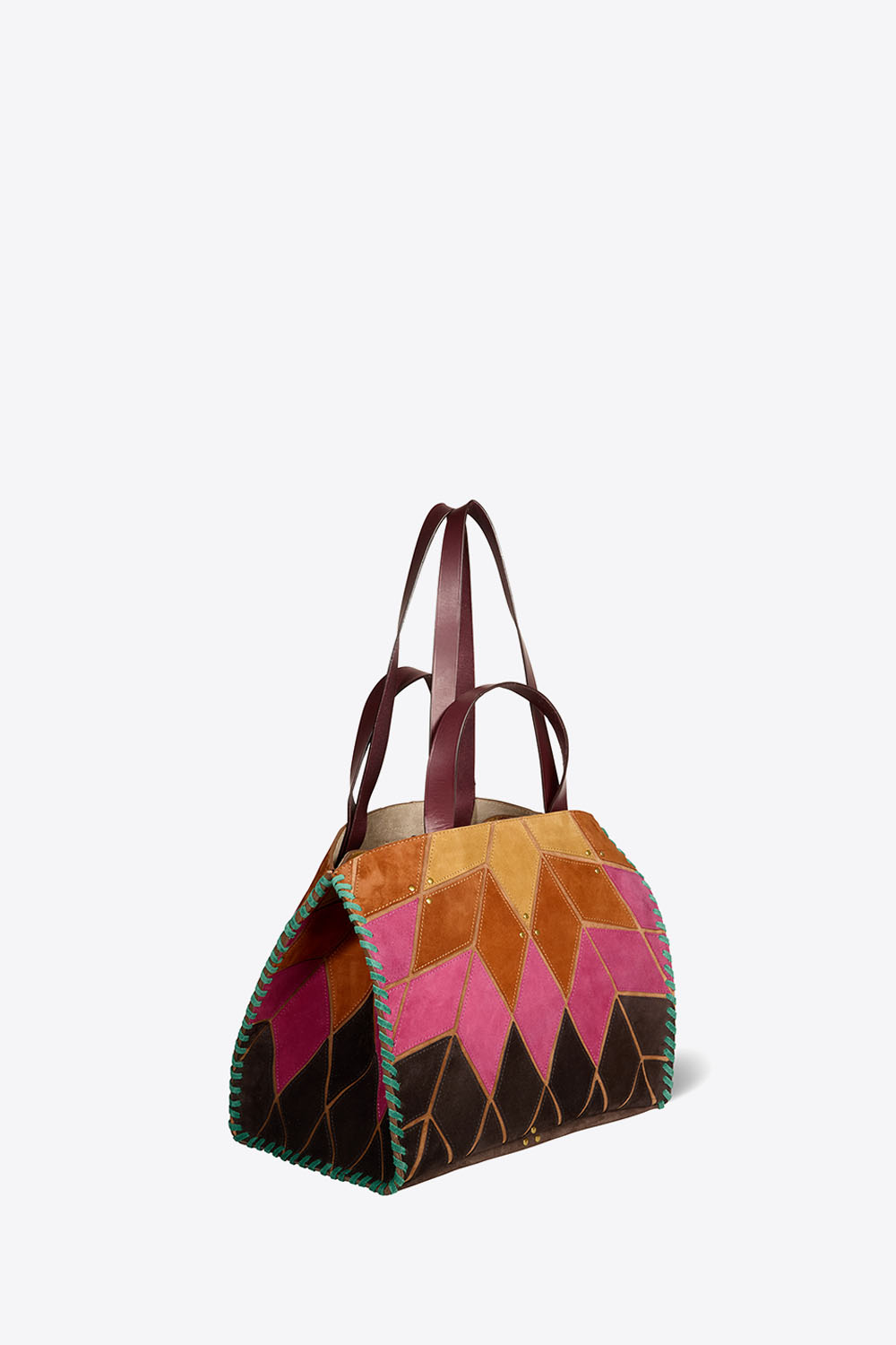 Produit Cabas Léon M Jérôme Dreyfuss en patchwork de cuir suédé orange, jaune et rose. Porté main ou épaule. Profil.