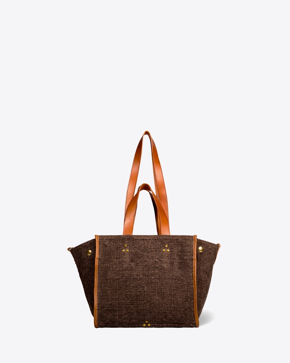 Sac mini-cabas L&eacute;on S J&eacute;r&ocirc;me Dreyfuss en coton chocolat. Vue de face. D&eacute;tail des bandouli&egrave;res et anses en cuir.