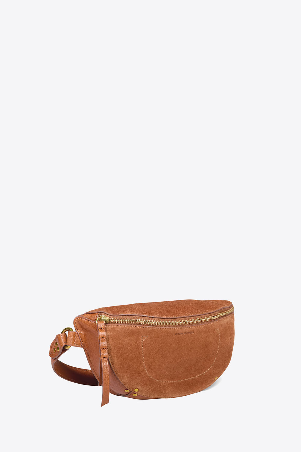 Sac banane Lino en cuir suédé caramel Jérôme Dreyfuss. Profil.