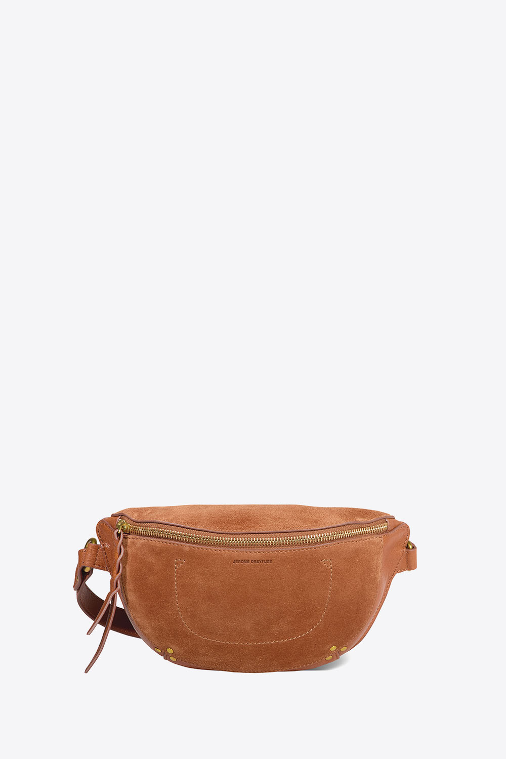 Produit Sac banane Lino en cuir suédé caramel Jérôme Dreyfuss. Face.