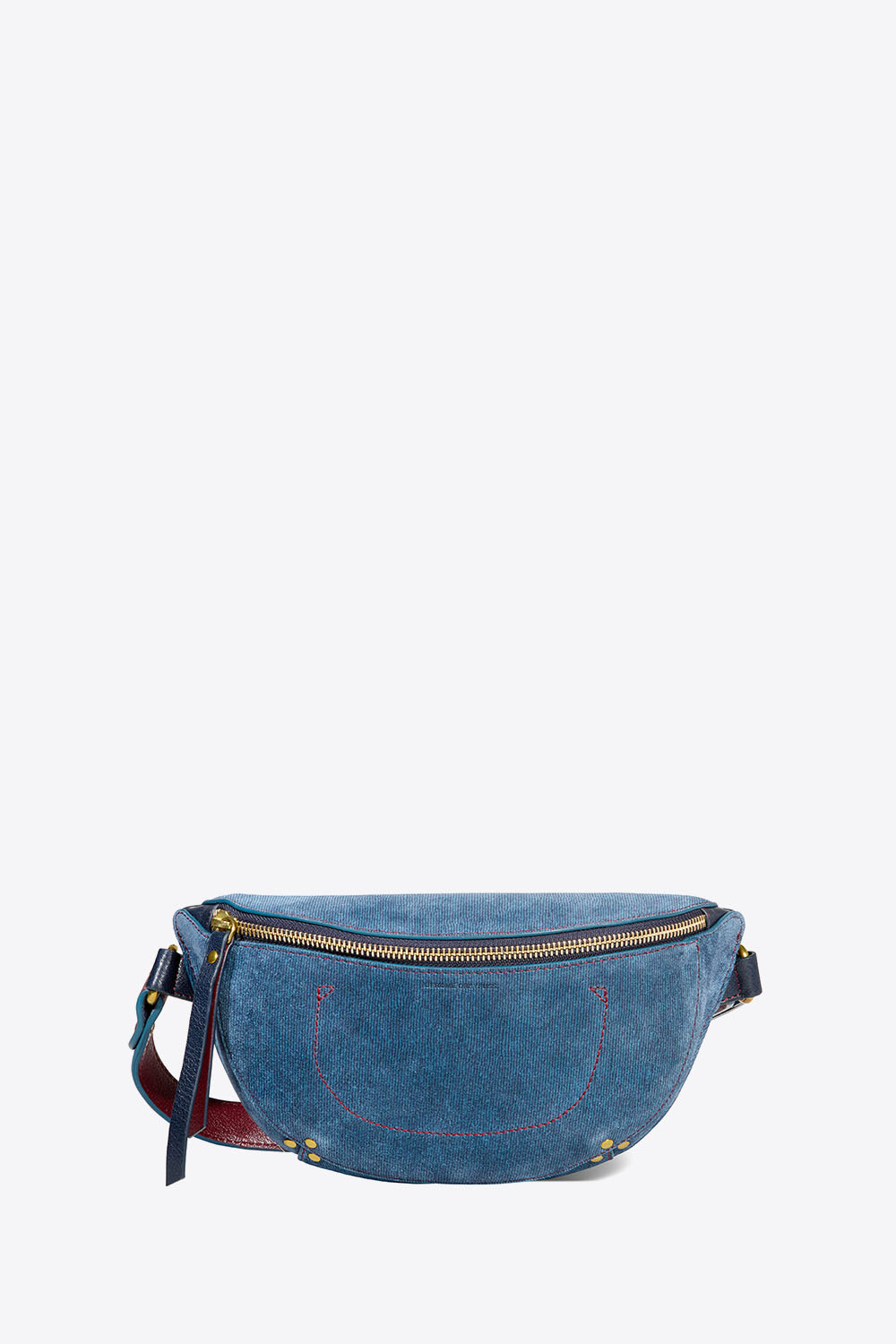 Produit Sac banane Lino Jérôme Dreyfuss en cuir suédé et cuir grainé bleu jean. Face.