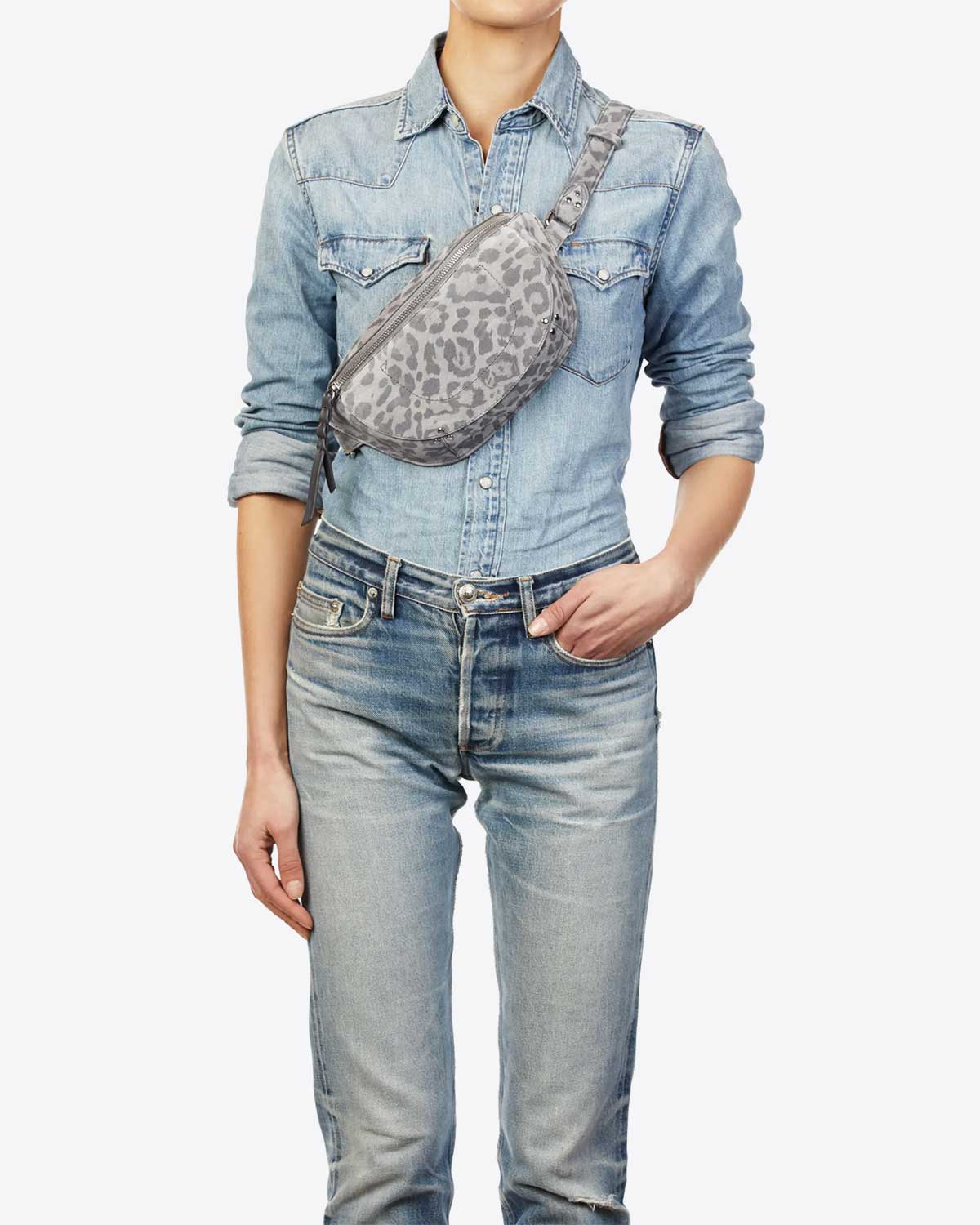  Sac Jérôme Dreyfuss Lino Banane Split Suede Léopard Gris