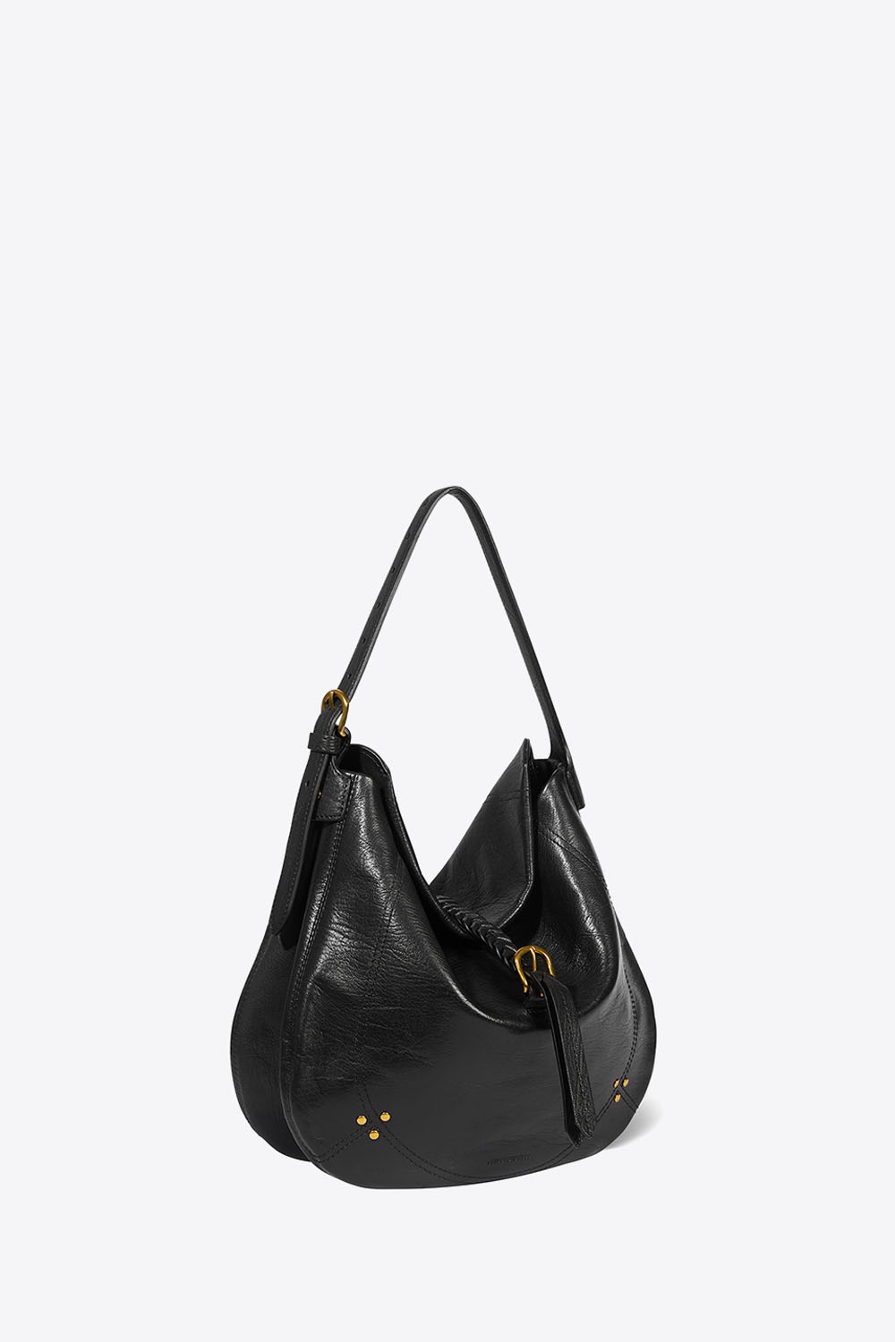 Produit Sac besace en cuir grainé noir Luis Jérôme Dreyfuss. Profil. Porté main ou épaule.