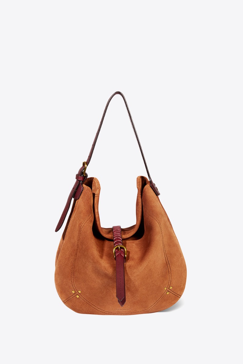 Produit Sac Luis Jérôme Dreyfuss en cuir suédé caramel. Forme besace souple à bandoulière porté main, épaule ou croisé. Face.