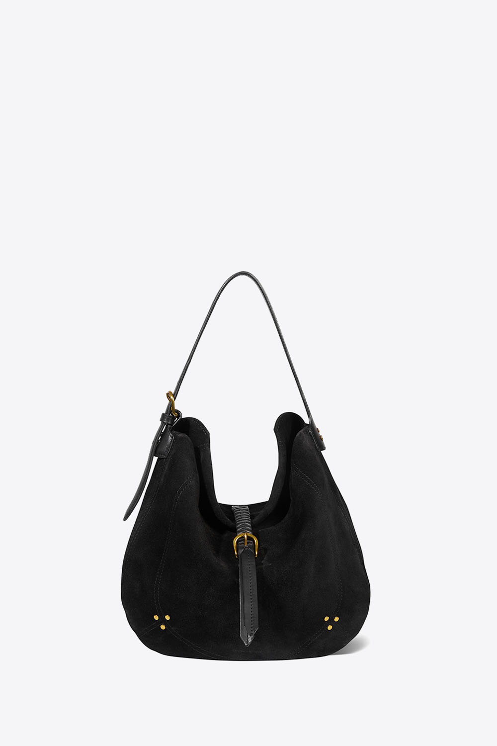 Produit Sac besace en cuir suédé noir Luis Jérôme Dreyfuss. Face. Vue porté main ou épaule.