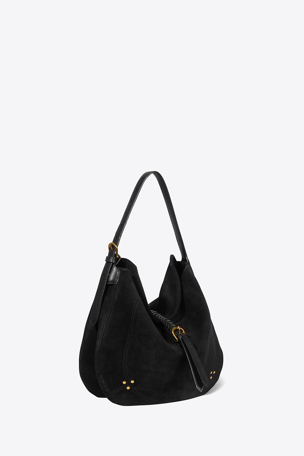 Produit Sac besace en cuir suédé noir Luis Jérôme Dreyfuss. Profil. Vue porté main ou épaule.