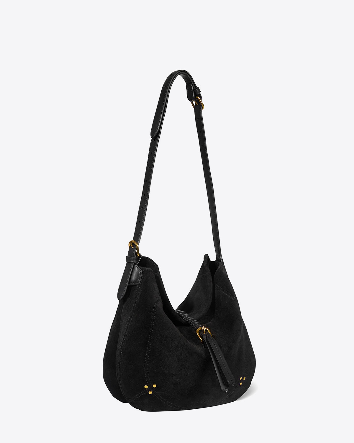 Sac besace en cuir suédé noir Luis Jérôme Dreyfuss. Profil porté épaule. Possibilité de rallonger la bandoulière pour un porté épaule ou Crossbody. 