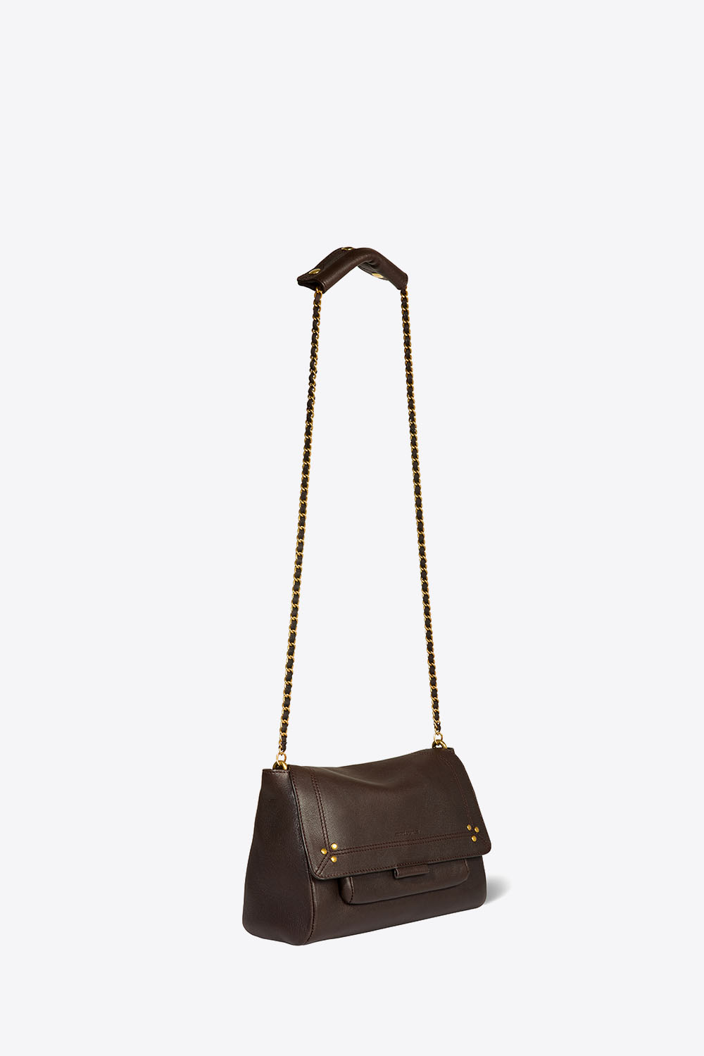 Produit Sac Lulu M cuir moka Jérôme Dreyfuss. Vue bandoulière longue.