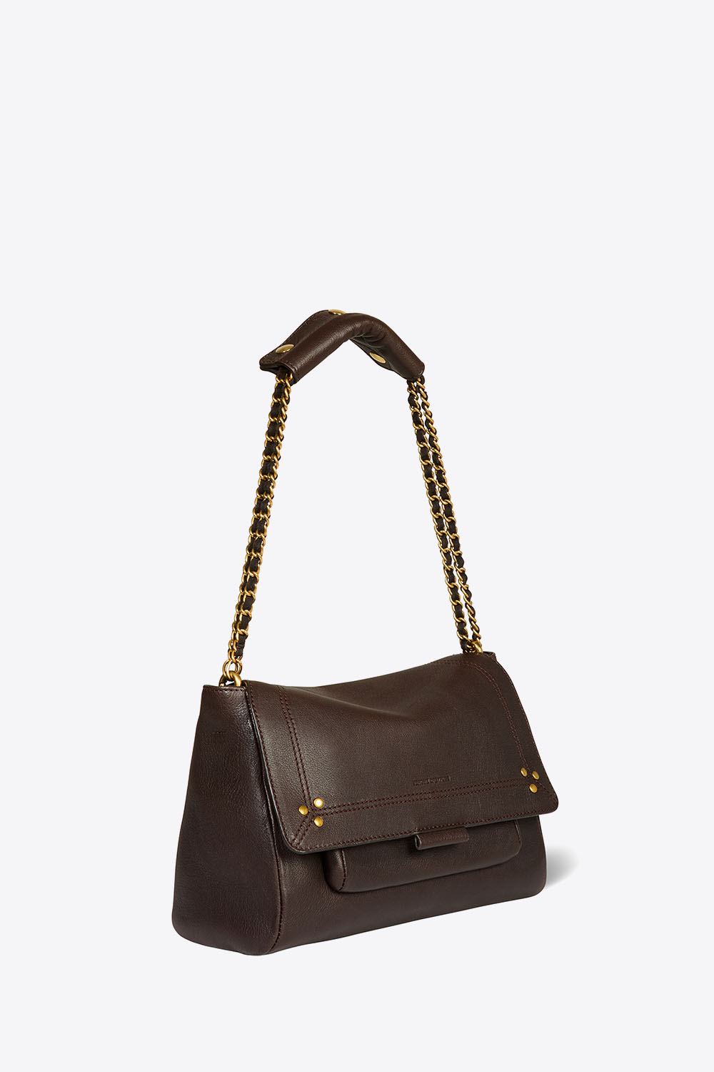Sac besace en cuir Moka Lulu M Jérôme Dreyfuss. Profil, porté court. 