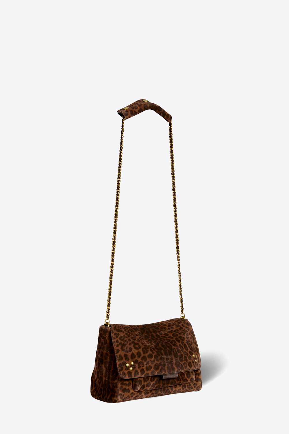 Produit Mini-sac en cuir suédé imprimé léopard à bandoulière chaine et cuir Lulu S Jérôme Dreyfuss. Porté épaule, croisé ou main. Détail de la bandoulière longue 105 cm.