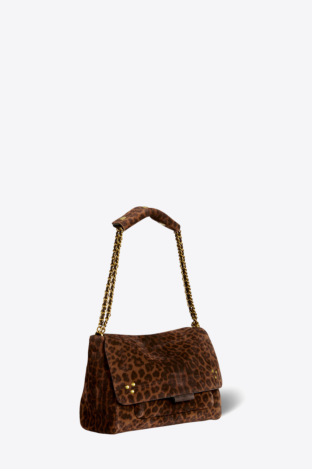 Produit Mini-sac en cuir suédé imprimé léopard à bandoulière chaine et cuir Lulu S Jérôme Dreyfuss. Porté épaule, croisé ou main. Détail de la bandoulière raccourcie à 52,5 cm pour un porté épaule ou main. 