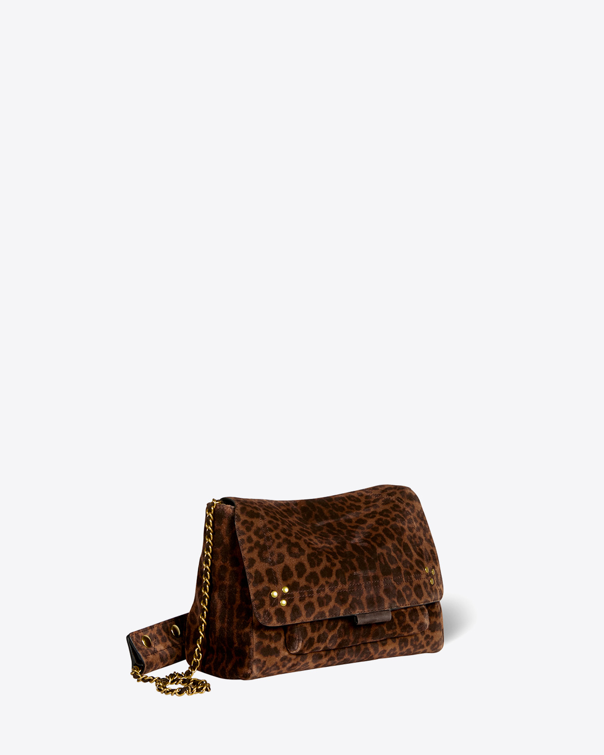 Mini-sac en cuir suédé imprimé léopard à bandoulière chaine et cuir Lulu S Jérôme Dreyfuss. Porté épaule, croisé ou main. Profil. Détail de la profondeur du sac.