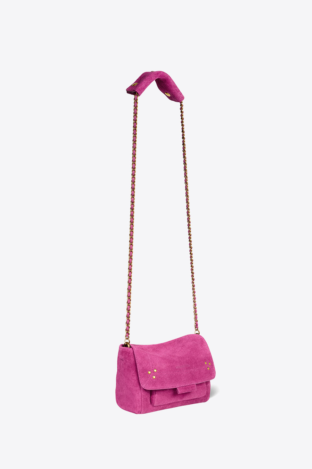 Mini-sac Lulu S Jérôme Dreyfuss en cuir suédé rose orchidée. Bandoulière longue pour un porté épaule ou croisé.