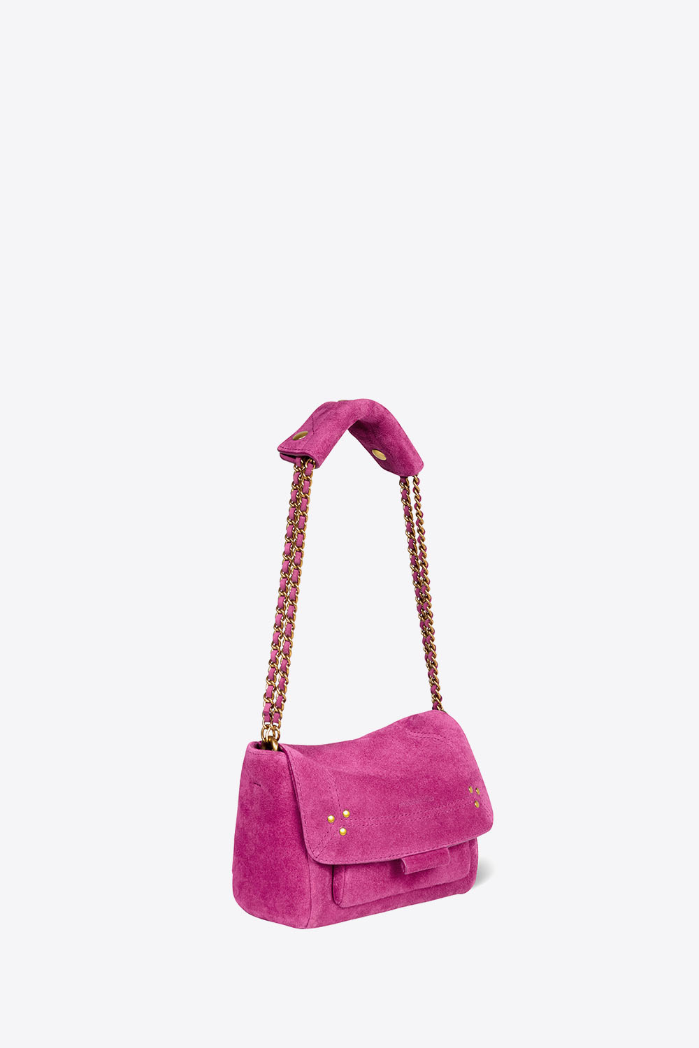 Produit Mini-sac Lulu S Jérôme Dreyfuss en cuir suédé rose orchidée. Vue avec la chaine raccourcie pour un porté épaule ou main.