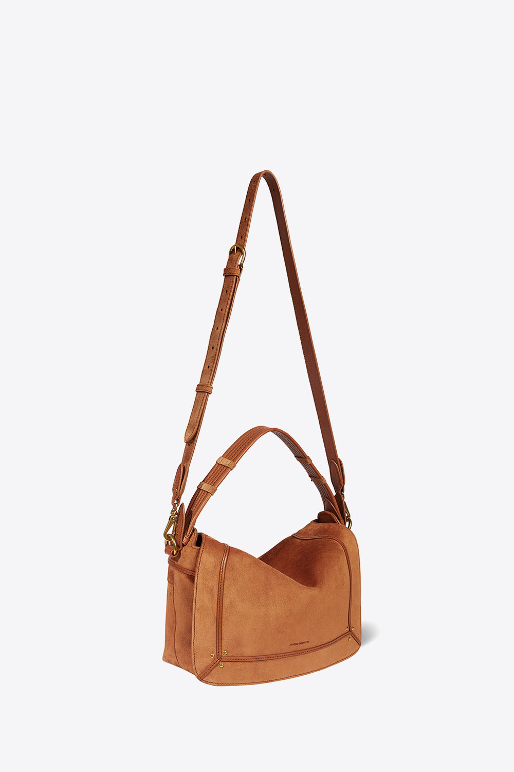 Produit Sac Pepito M en cuir suédé caramel Jérôme Dreyfuss. Profil. Détail de la bandoulière.