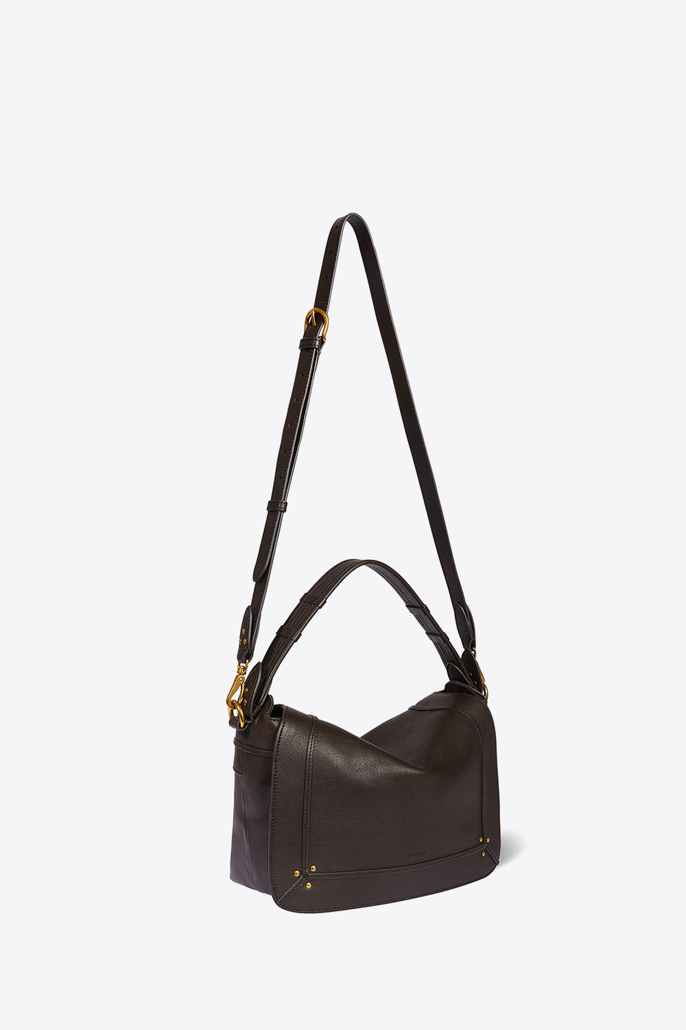 Produit Sac Pepito M en cuir Moka Jérôme Dreyfuss. Profil. Détail de la bandoulière.