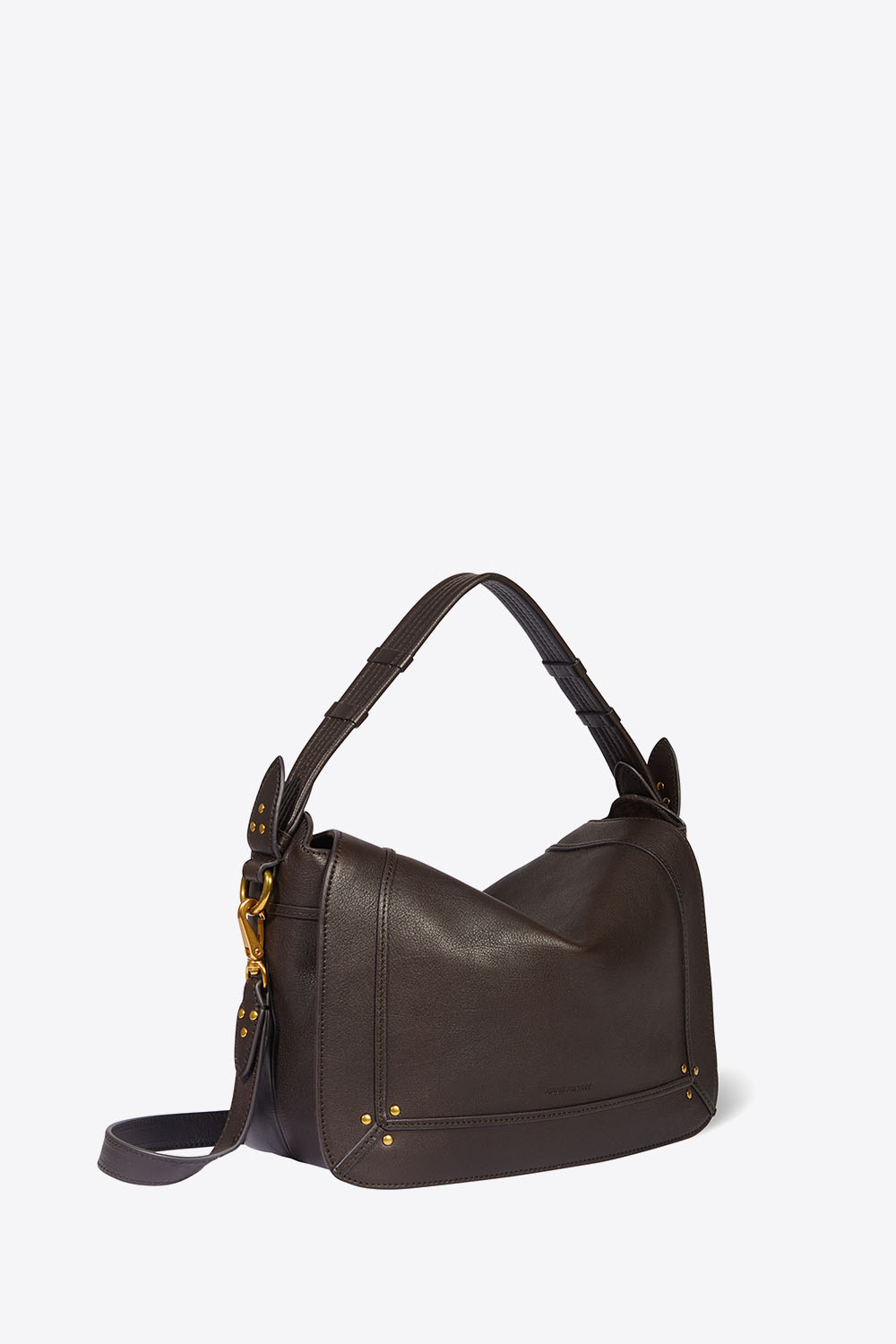 Produit Sac Pepito M en cuir Moka Jérôme Dreyfuss. Profil. Détail de la anse porté main.