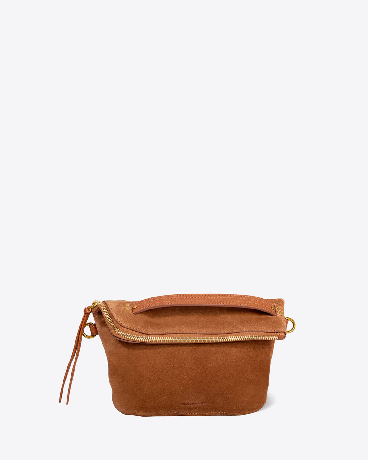 Produit Pochette Lucky Jérôme Dreyfuss en cuir suédé caramel. Vue face. 
