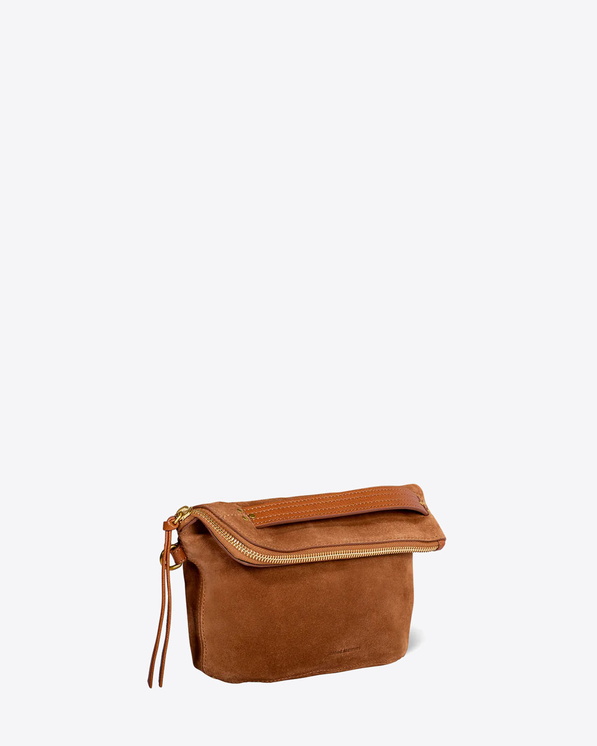 Produit Pochette Lucky Jérôme Dreyfuss en cuir suédé caramel. Vue profil.
