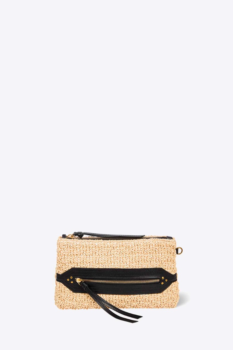 Pochette Lucky Clutch J&eacute;r&ocirc;me Dreyfuss en tissage effet raphia naturel, vue de face.