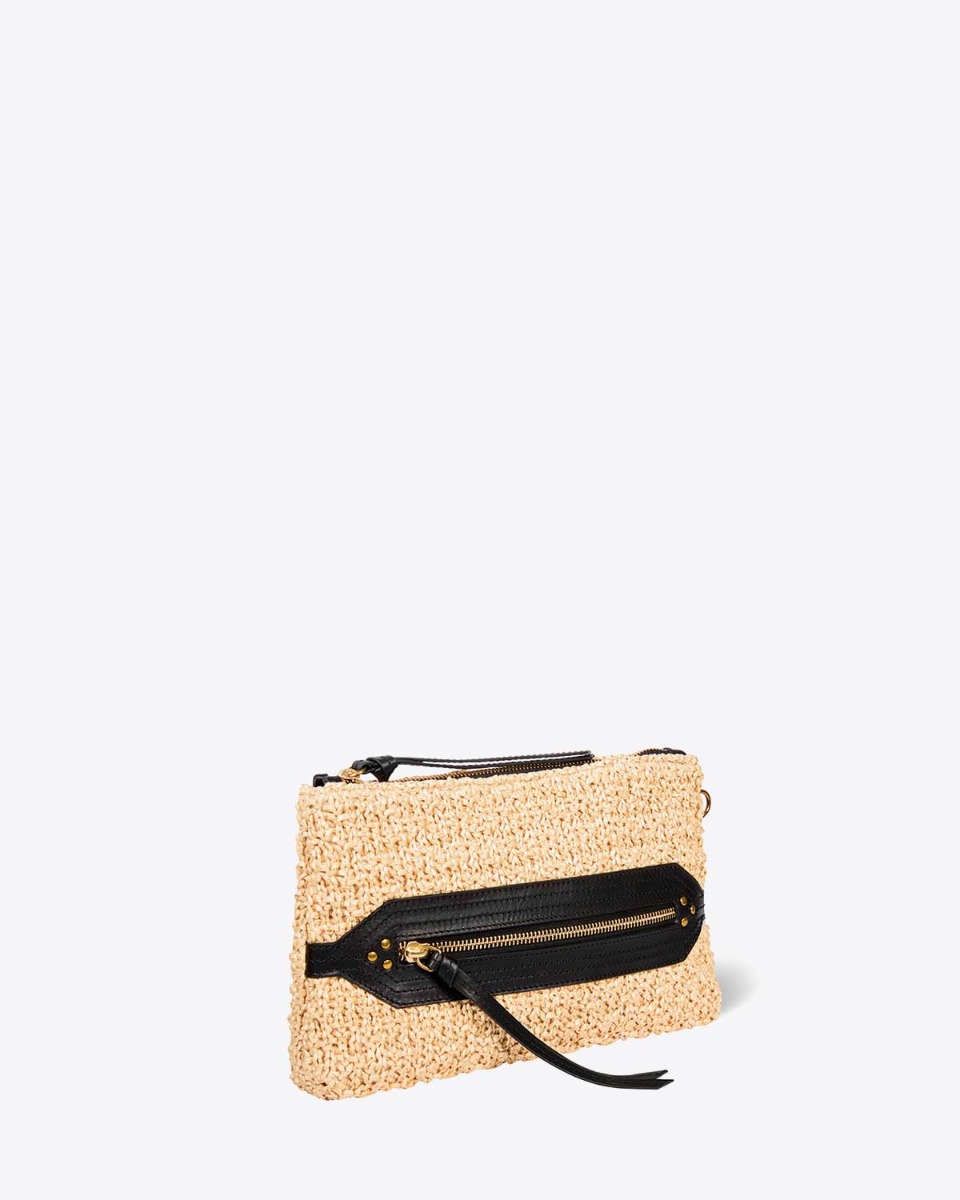 Pochette Lucky Clutch J&eacute;r&ocirc;me Dreyfuss en tissage effet raphia naturel, vue de profil.