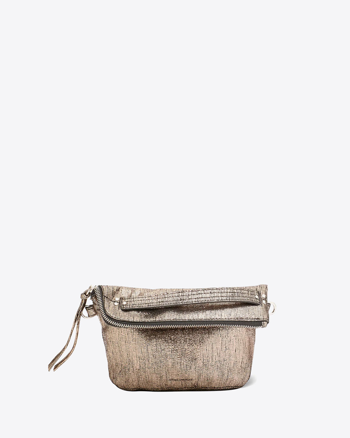 Produit Pochette Lucky Jérôme Dreyfuss en cuir lamé champagne. Vue face. 
