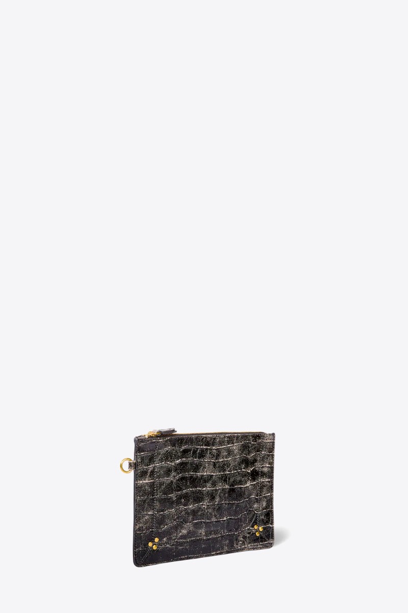 Produit Pochette Popoche M Jérôme Dreyfuss en cuir croco grunge noir. Vue de profil.