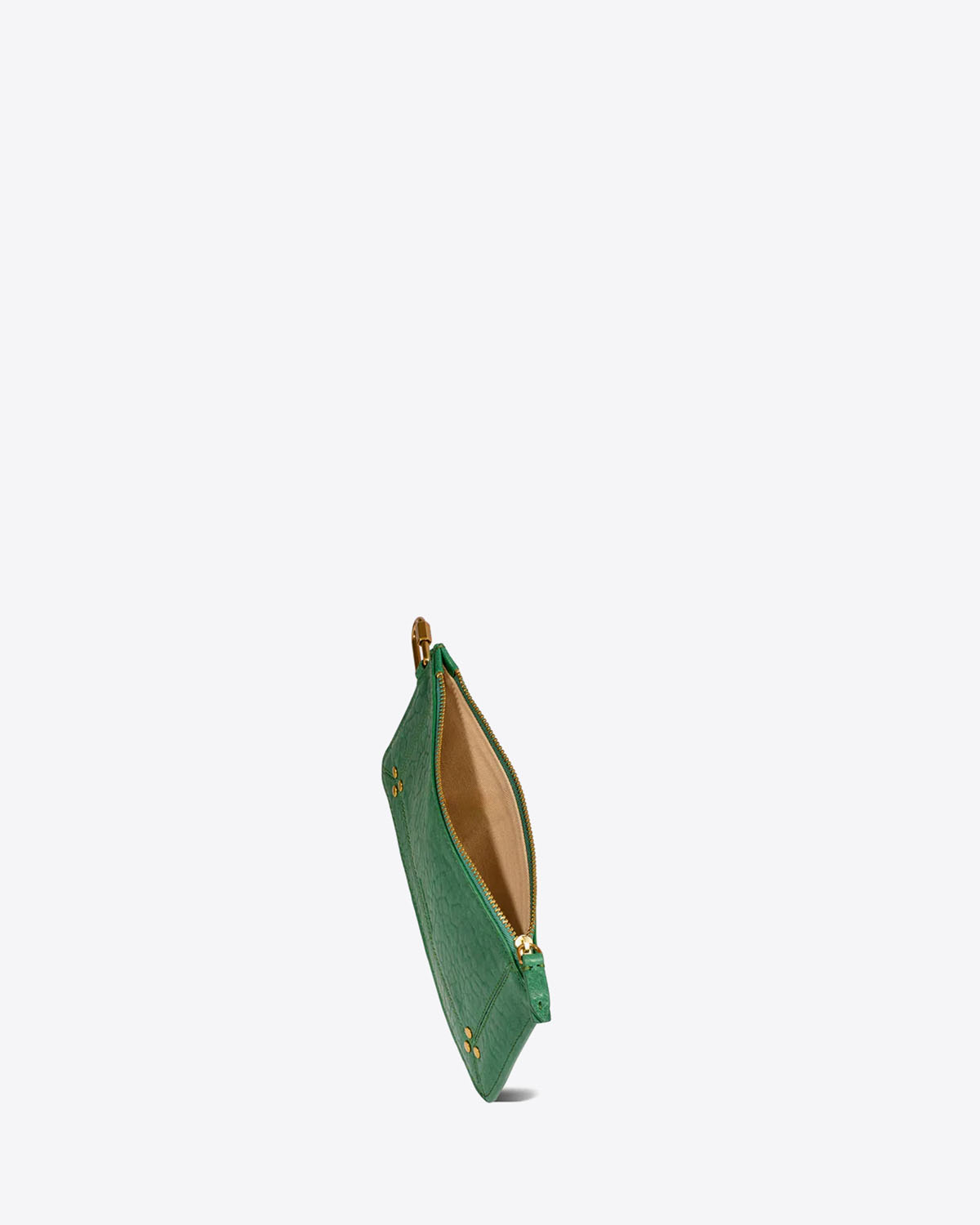Pochette Popoche S Jérôme Dreyfuss en cuir vert. Vue ouverte. 
