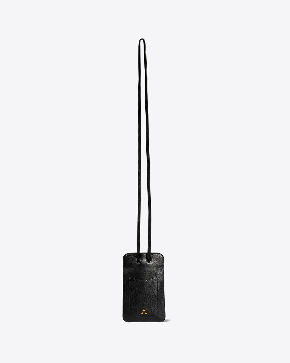 Produit Porte Mobile Jérôme Dreyfuss en cuir grainé noir. Vue face avec bandoulière. 