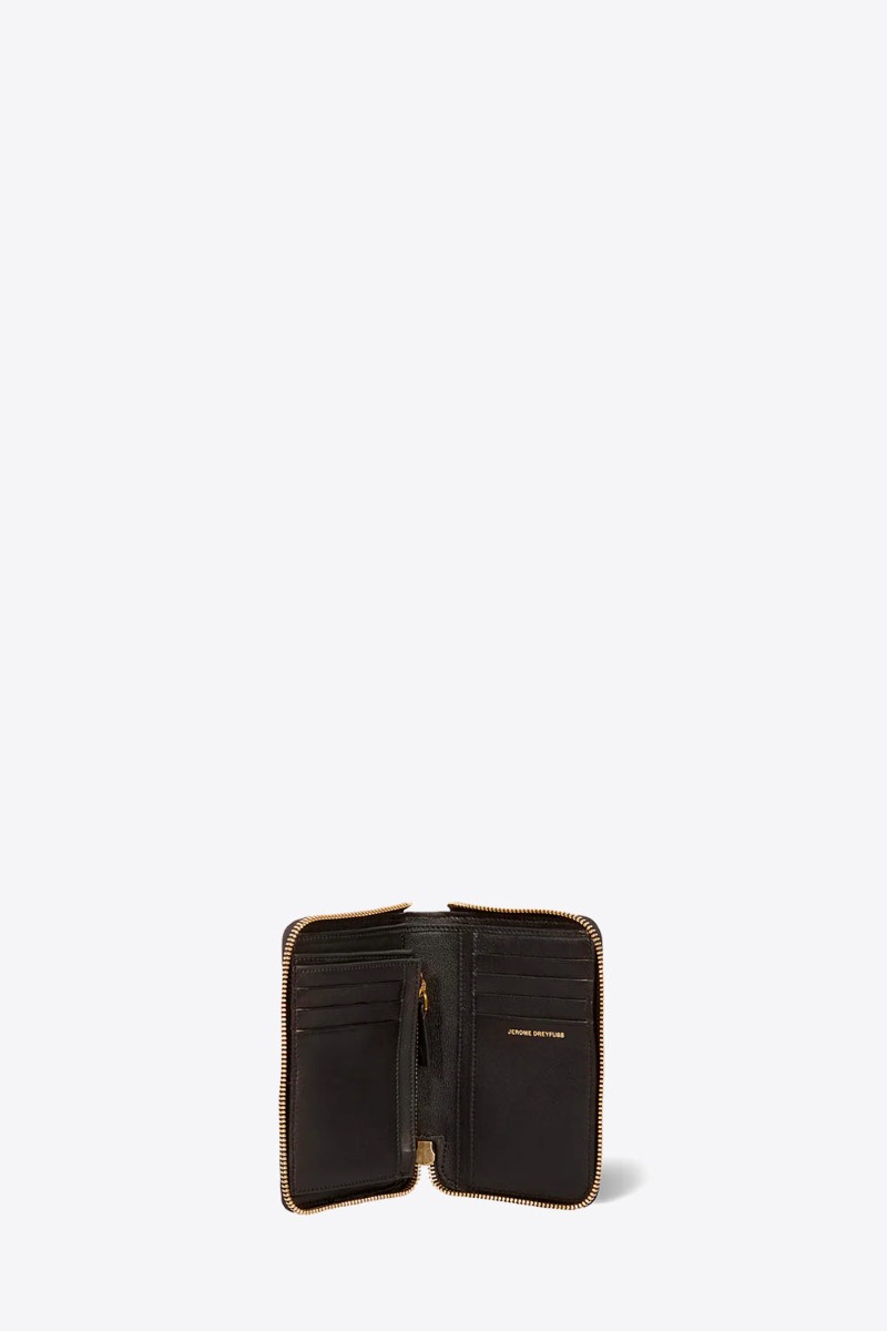 Produit Portefeuille Julien Jérôme Dreyfuss en cuir suédé imprimé à motif de chat sauvage. Détail de l'organisation à l'intérieur.