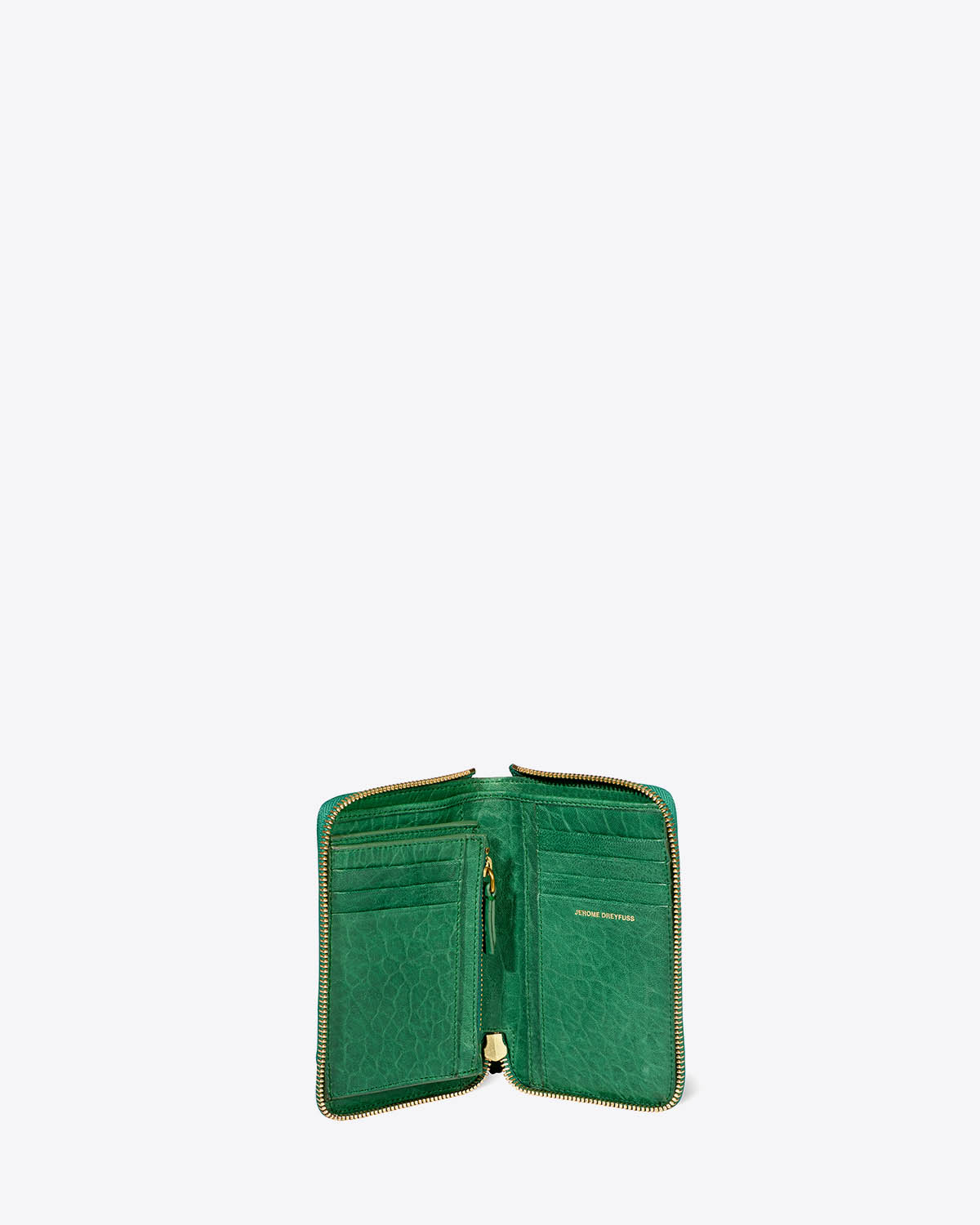 Produit Portefeuille Julien Jérôme Dreyfuss en cuir vert. Vue ouvert. 