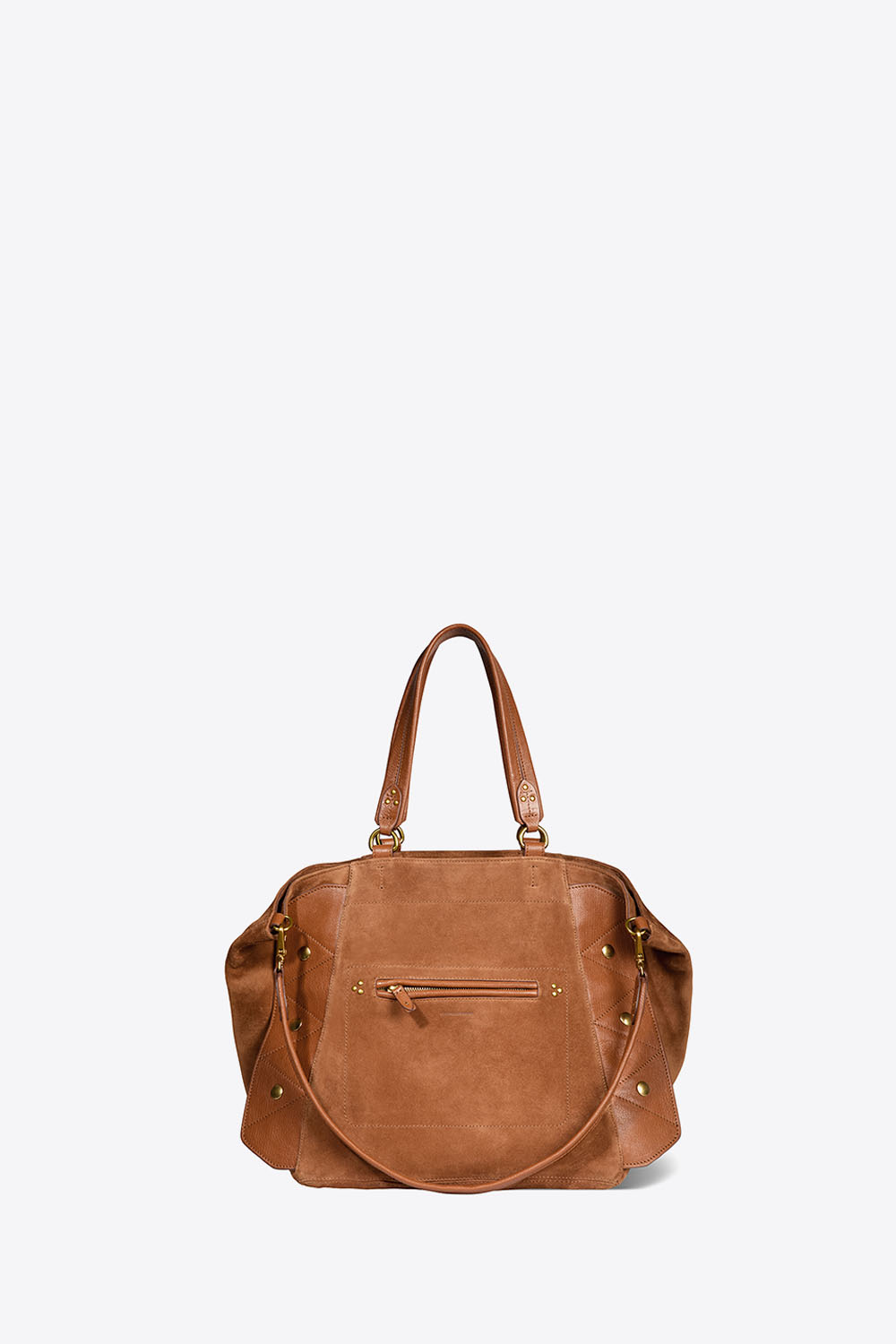 Produit Sac cabas Roger Jérôme Dreyfuss en cuir suédé caramel. Face.