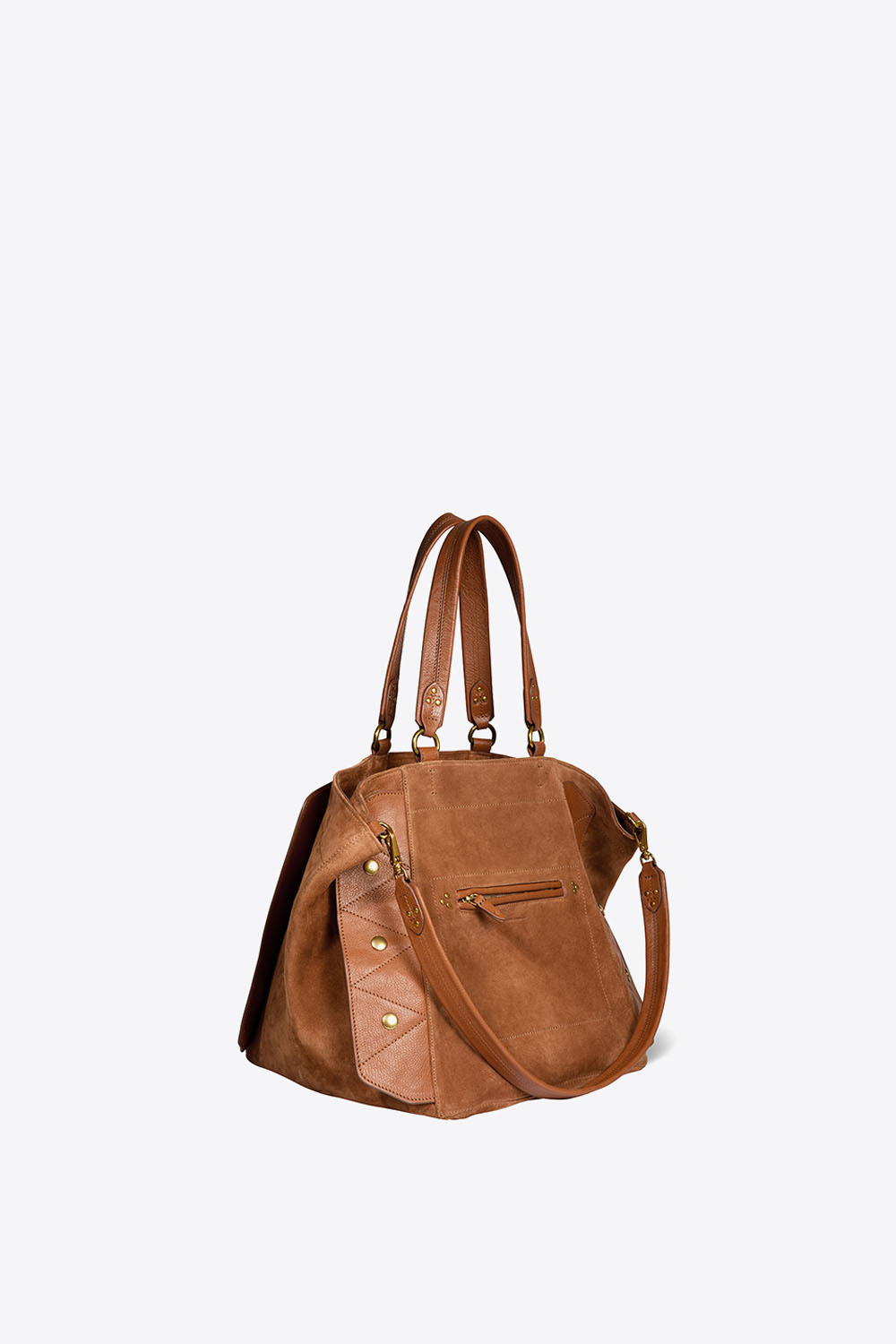 Produit Sac cabas Roger Jérôme Dreyfuss en cuir suédé caramel. Profil.