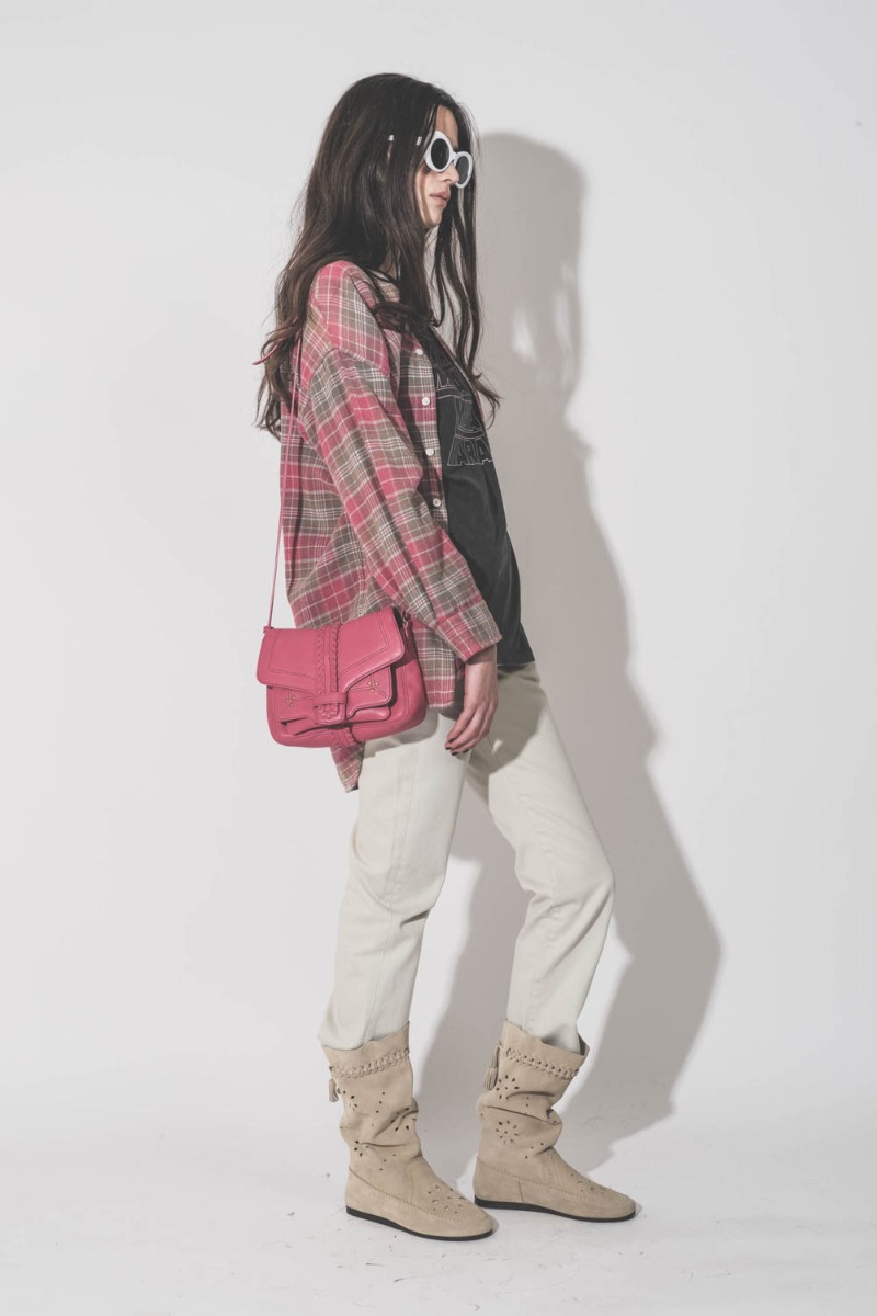 Sac Harry S J&eacute;r&ocirc;me Dreyfuss en cuir d'agneau Jacinthe, port&eacute; de face &agrave; l'&eacute;paule.