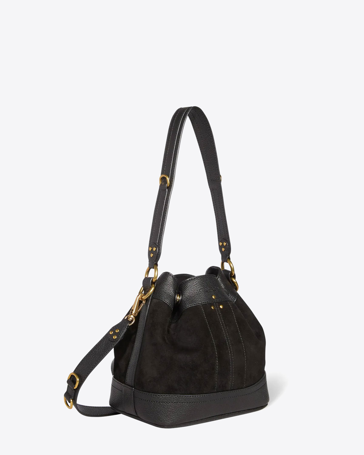 Produit Sac forme bourse bandoulière en cuir suédé noir Ben S Jérôme Dreyfuss. Détail double anses. 